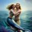 Placeholder: A beautiful portrait of a fusion of Scarlett Johansson and Reese Witherspoon as a mermaid , leaning on a ships deck ,Rough sea in the background, a shark,snails, seashells (digitall art by Eugene de Blaas and Ross Tran, vibrant color scheme, highly detailed, in the style of romanticism, cinematic, artstation best quality, realistic lighting, masterpiece portrait, details light dusting , cowboy shot from above, simple chain hauberk Vector art digital illustration 3D shading )