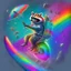 Placeholder: A raccoon astronaut riding a rainbow bike on a mission to gather space trash, jumping over asteroids as he goes.