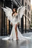 Placeholder: Front view full body excellent realistic portrait Beautiful Angel straddle wings with covering luxury Victorian gown,walking at new York City street