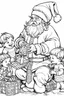 Placeholder: Christmas coloring page with Santa Claus giving children special gifts, a bold ink line sketch drawing illustration.