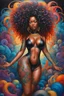 Placeholder: Create a futurism oil painting image of a curvy black female and tattoo on her legs while she bends down holding her large colorful mane of curly large afro. Prominent makeup with lush lashes. Her hair is highly detailed,her hair covers her body and all her curls are colorful. She wears no shoes and her skin glows