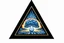 Placeholder: a blue nuclear explosion mushroom cloud behind an omega like shape, inside an equilateral triangle, radiant lines, vector logo
