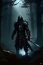 Placeholder: a dark hero charachter, wearing a dark mythic armour, sci fi weaponsied, with swords and guns, walking through cold and windy forest region, dramatic,
