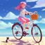 Placeholder: A girl is riding a bicycle on the beach. His cat is sitting in the front basket of the bicycle. Spring flowers can be seen everywhere. Beautiful blue sky with white clouds - kites in the sky. sense of peace. digital art, anime, 8k, full details, colorful, high resolution