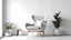 Placeholder: Scandinavian living room with gray armchair on empty white wall background. 3d rendering