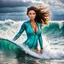 Placeholder: beautiful girl supper model, in nice body suit, with curvy hair,perfect face,perfect eyes,Surfing in huge wave,water with splash,seaside wavy sea ,storm, clouds ,rocky beach