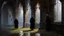 Placeholder: Medieval ruined cloister, Gothic arches covered with wild vines with dried blood-colored leaves, ripe grapes hanging over ancient stones, solitary monks in worn habits wandering between moldy columns, twilight light passing through broken stained-glass windows, puddles reflecting the gray sky, atmosphere of romantic decadence, contemporary Gothic painting style