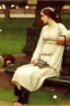 Placeholder: Woman and cat sitting on a park bench. John William Waterhouse