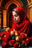 Placeholder: gadis cantik berhijab berpakaian mawar merah bersimpuh di depan makam golden light