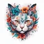 Placeholder: modern abstract tattoo ideas, simple minimalistic illustration on a pure white background < "The head of a tattooed cat. around it are various colorful flowers and leaves in a dynamic image">