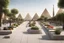 Placeholder: urban design tourist walkway with 3 pyramids , moder street seating , planters , Bazaar