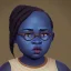 Placeholder: Portrait of a little fat 9 year old African witch with bushy hair and glasses and blue eyes by Nick Harris