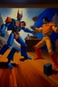 Placeholder: 1970's dark fantasy action scene dnd style oil painting of seinfeld vs transformers in sport outfits with minimalist far perspective.