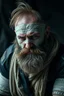 Placeholder: a very sad hurt swedish motorcycle gang man with beard, he is covered all the body with bandage and are in deep pain, bandage all over him, cripple