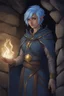 Placeholder: Dnd character in a dark cave. Leaning against a wall. A female Elf twilight cleric with curly, super short, blue hair and golden eyes, wearing gray and dark blue robes. Etheral, muscular, strong.