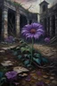 Placeholder: Oil painting of a purple flower amid withered and dead flowers in an abandoned garden in an abandoned palace in the ancient era