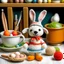 Placeholder: A crocheted toy chef in the form of a cute bunny, wearing a chef's hat and apron, holding a tiny crochet spatula and surrounded by miniature crocheted pots and pans, adding a touch of whimsy to the kitchen