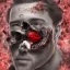 Placeholder: portrait of man with an exploding flower inside his face, high detailed black and white with red accents, digital painting. Seed 315684552