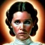 Placeholder: stunning half-body-portrait photo of princess leia from Star Wars played by Carrie Fisher, wlop, artgerm, akihiko yoshida, and liang xing, detailed face, doe eyes, intricate braided hair style, symmetrical eyes, trending on artstation, highly detailed, white dress, dynamic pose, intricate outfit, space ship and galaxy background