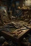 Placeholder: Bosch nightmares painting style treasure ,knives’ ,spiders ,pirate’s guns, human bones, "snakes, intricate insanely , ,detailed octane render trending on artstation, 8k artistic photography, photorealistic concept art, soft natural volumetric cinematic perfect light, chiaroscuro, award-winning photograph, masterpiece, oil on canvas, Raphael, Caravaggio, Greg Rutkowski, people, beksinski, Giger