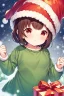 Placeholder: Anime style, Child girl, short brown hair, has red eyes, He has pink dots on his cheeks, wears a green shirt horizontally striped with yellow, He's in a snow-covered place, he's wearing a standard red Christmas hat,