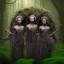 Placeholder: photo. .three women. A mother. Two daughter. Twins. A mother with her children. three young black women. wood nymphs emerging from the forest. Her hair looks like vines. Dreadlocs. Her skin is the colour of dark soil. Her skin looks like tree bark. Her clothing is made of vines, grass and leaves.