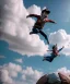 Placeholder: Ultra realistic clouds sky scene, medium shot view, portrait, sweet Childs, free jumping flying, trinkets, monster hair, jelly beans, balls, smile, happy, Peter Pan style, inflatable color clothing, extreme, wind, clouds sea, 20,000 feet altitude, stratosphere, soft color, highly detailed, unreal engine 5, ray tracing, RTX, lumen lighting, ultra detail, volumetric lighting, 3d, finely drawn, high definition, high resolution.