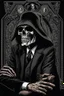 Placeholder: ultra high image quality, Grim Reaper, WEARING A 3 PIECE SUIT, POSED FOR DOLLAR BILL PORTRAIT, LINE TONE, WSJ STYLE, HEDCUT, Close-up of an set against AMOLED-worthy pure black backdrop, fantasy art style infused with filter, tailored for vertical wallpaper, exclusive design with no duplicates, radiating beauty suitable for a PC screen image, vivid colors, ultra fine, digital painting.