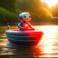 Placeholder: cute blessed chat robot sailing on a boat motor in the river,catching a big fish in a river stream, 8k, downlight, soft light, depth of field, photorealism, trending on art station, lotsa detail