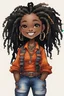 Placeholder: An whimsical abstract ink wash confident thick chibi black woman with a large, highly detail dread locs. She smiles to the side and wearing a burnt orange and sapphire tie dye blouse, paired cargo jean pants. She accessorizes with large hoop earrings, multiple bangles, and a belt. The artwork is digital, emphasizing her fashion and confident. drawing attention to the character.full body 68K, caricature