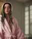 Placeholder: Billie Eilish, bathrobe, stockings, high detail, realistic, 8k, not to be distinguished from a photo, identical pupils