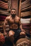 Placeholder: close up photography of a burly beefy muscular strong 34-year-old marocan man in Istanbul bazaar, shirtless, selling carpets sitting on a pile of carpets, biig shoulders, manly chest, very hairy, side light, view from the ground