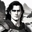 Placeholder: A portrait of Joaquin Phoenix in his early 30s, long beachy haircut, black hair, on a rocky island, in ebony armor from Skyrim, melancholic and dangerous facial expression, half-smiling, drawn in the style of ink manga sketch