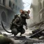 Placeholder: a rat in full combat kit in a ruined city realistic