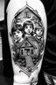 Placeholder: A black and white tattoo of three children in a house