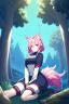 Placeholder: Forest , night, girl, blue eyes, pink hair, big wolf tail, wolf ears, wolf paws, sit