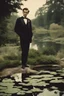 Placeholder: [vintage] A man in tuxedo around a pond