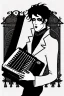 Placeholder: goth male necromancer with black hair playing a autoharp in the style of Aubrey Beardsley