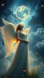 Placeholder: A beautiful Angel like woman standing looking at the stars in the background and plants of out of this world galaxy in a blue and gray cloud of stormy weather a