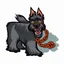 Placeholder: head of angry Scottish Terrier dog, facing viewers left, with blood shot eyes and bloodied teeth and bushy fur, an orange color chain collar around neck, vector