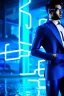 Placeholder: cyberpunk, neon blue, high technology, geometric figures, orbiting figures, cyberpunk suit, black and blue, epic, rain, neon blue suit, geometric figures orbiting around suit, exosuit, male