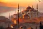 Placeholder: Bird's-eye view of Istanbul at sunset, with Hagia Sofia visible, in the twilight, and fog and mist rolling in between the houses. Pastel brown and orange colors, sepia highly detailed digital painting elegant very attractive beautiful award winning fantastic view crisp quality acrylic art