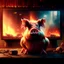 Placeholder: fire font realistic gamer pig watching movie about mushrooms cinema in the background