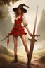 Placeholder: a young witch in a red low-cut short skirt, with a sword in one hand, photorealistic, delicate detail.