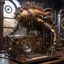 Placeholder: creature made of liquid in front of a steampunk computer