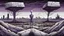 Placeholder: inner an giant block of stone a nonbinary human figure stands of several layers outside around weird landscape with city in the distance, sharp lines, fade pale eyes, fade human figures in city, dark purple, gray, black, white, brown. Whimsical style and surreal vibe, lonely with absurd broken land, neuron network background, surreal nightmare vibe