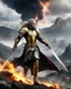 Placeholder: A length photography realistic details, of battlefield the Handsome King Guardian Elven,wearing dress luxurious steel armor decorative golden,running action hold sword as leader,he on bring and leading armys groups following from back side ,big mountain eruption blow fire background with epic lightning bolts in the sky and a dragon flying in the sky and some ruins in the foreground