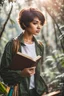 Placeholder: portrait pint of color photo of a student girl 22 years old ,short hair with her books in her hand walking in magic jungle in trees