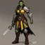 Placeholder: Griz the half-orc cleric with leather boots. You recall her striking appearance: greenish skin marked with ritual scars, yellow eyes that burned with a rare intelligence. She was an outcast among her own kind, drawn to divine magic despite the taboos. Griz's yellow eyes follow your approach, her stance shifting subtly as you draw closer. The ritual scars on her arms pulse with a faint inner light.