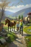 Placeholder: Spring in skåbu, sun, portrait of children walking in mountains, horse, broken old tractor, prize winning oil painting